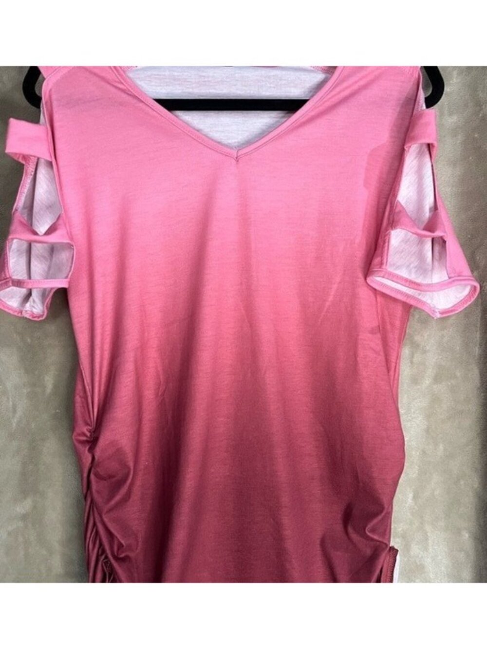 Women's V-Neck Pink Cutout Shoulder Shirt Ruched Side Seam Mauve Rose Tunic - Picture 9 of 16